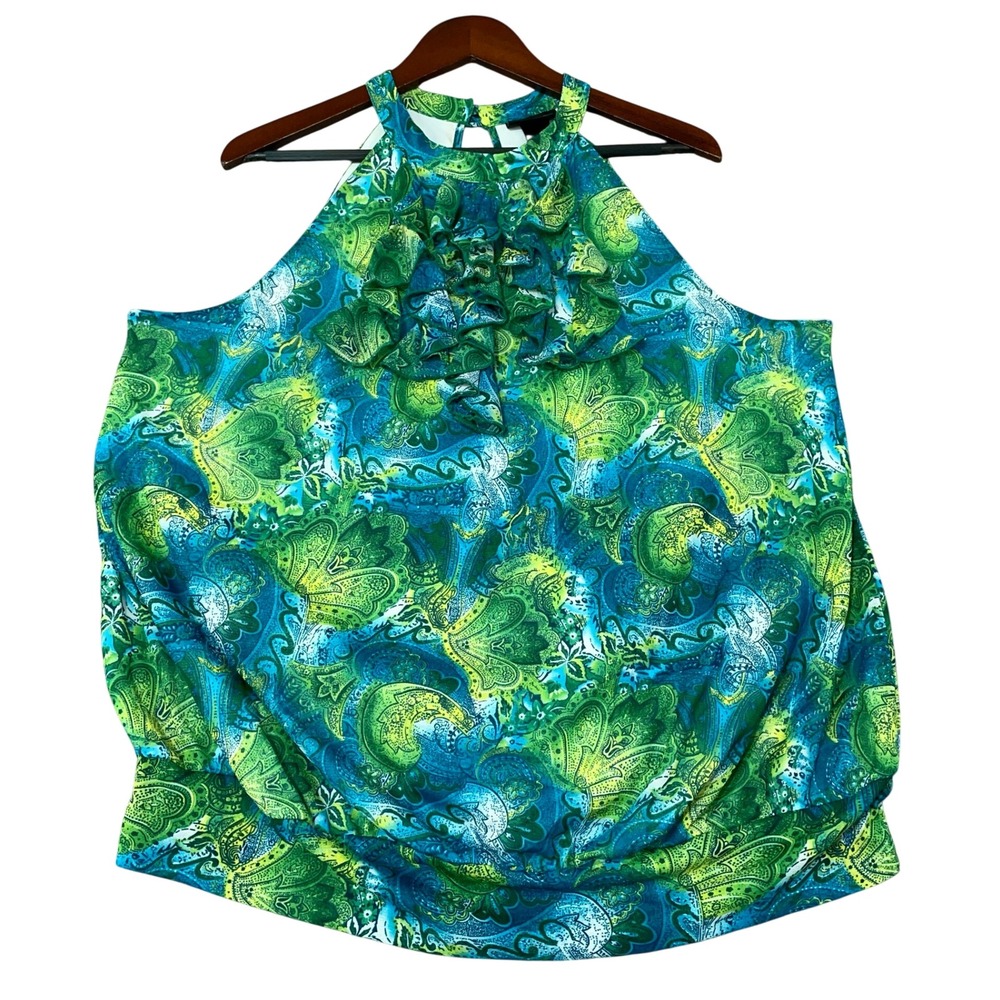 NWT Lane Bryant Women's 22/24 Blue Green Paisley Ruffle Halter Tank Top